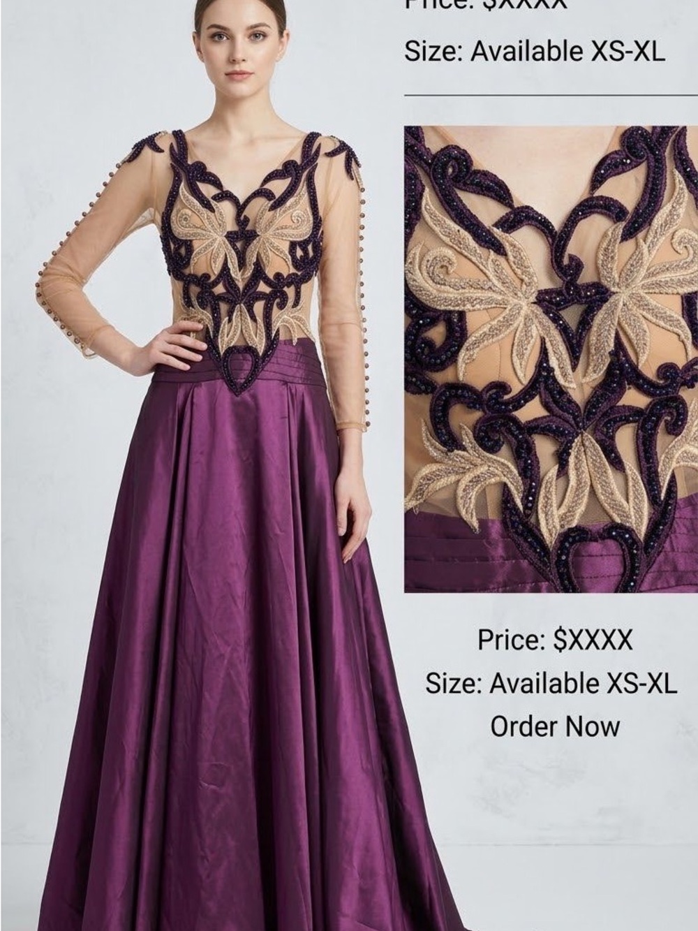 Embellished Purple Long-Sleeve Evening Dress with Nude Illusion Bodice